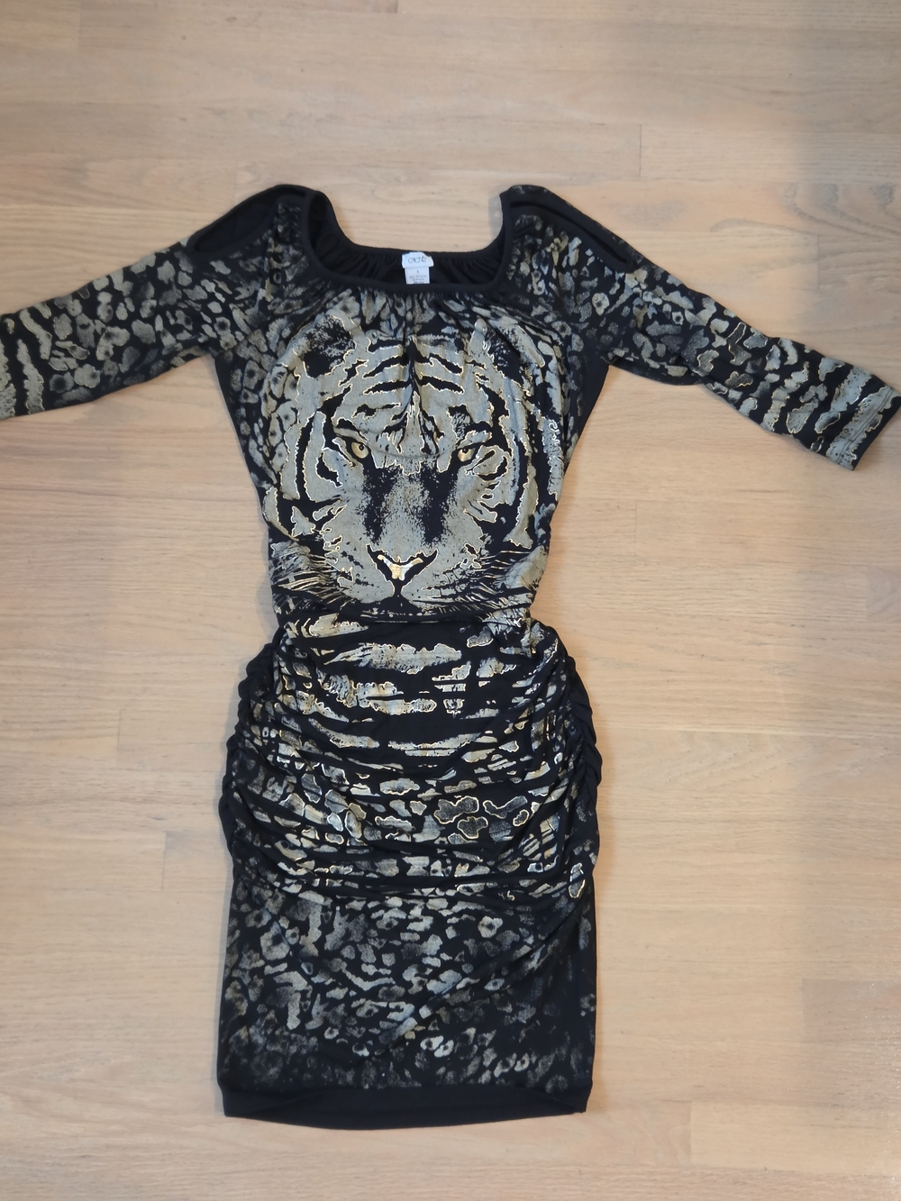 Cache Black & Gold Tiger-Print Ruched Dress